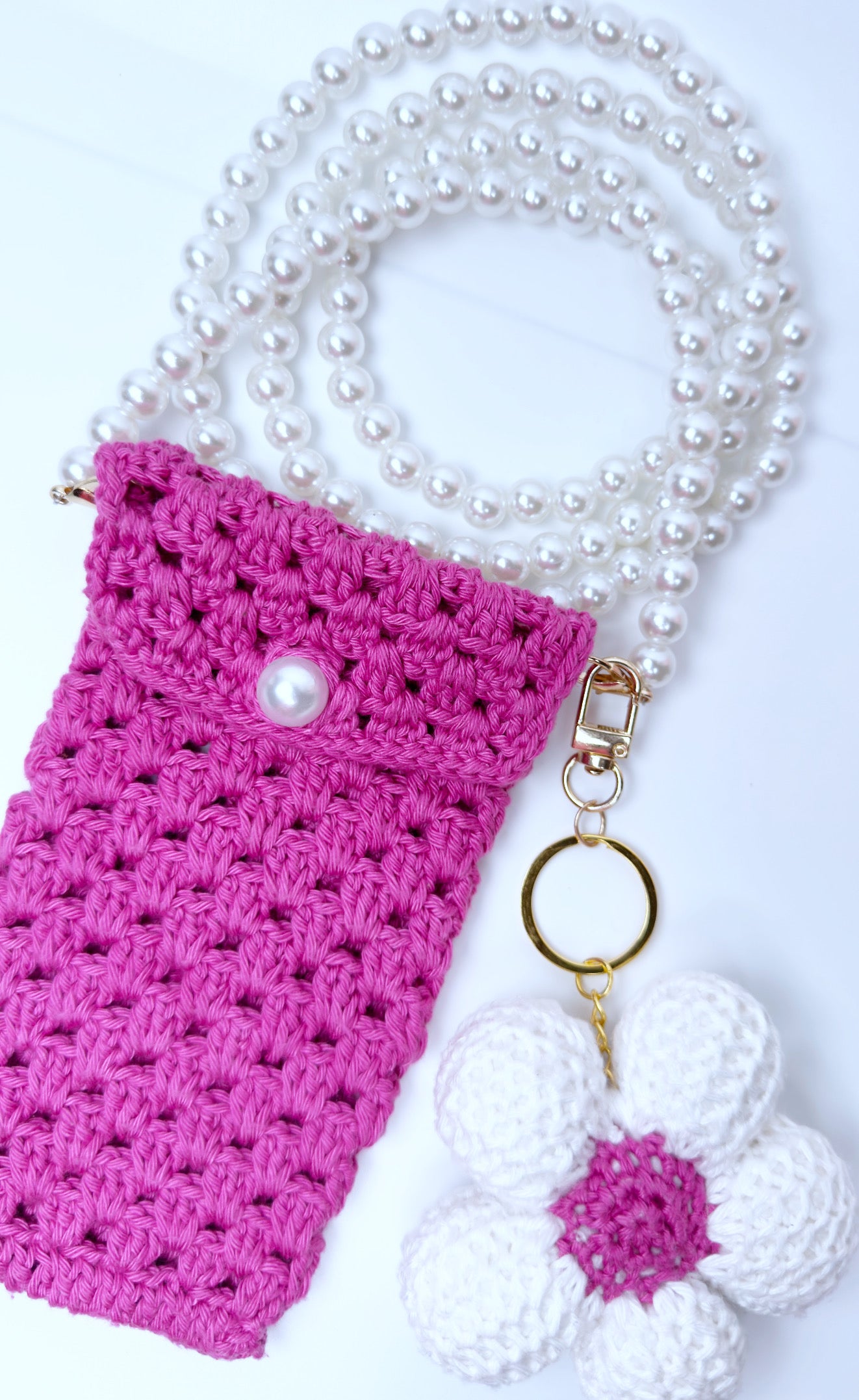 Pochette Téléphone Crochet Perlée Rose – Fait Main